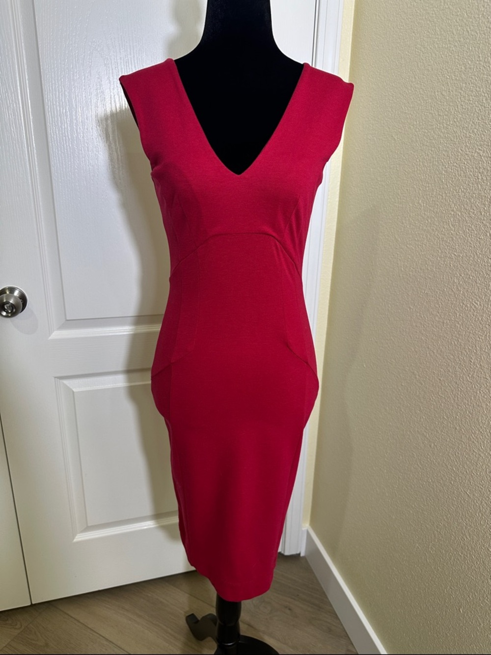 Fitted V-Neck Sleeveless Midi Dress in Red. Note measurements